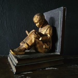 Antique Ronson 'One was Studying' Bookends Asian Girl in Black and Gold c1920s